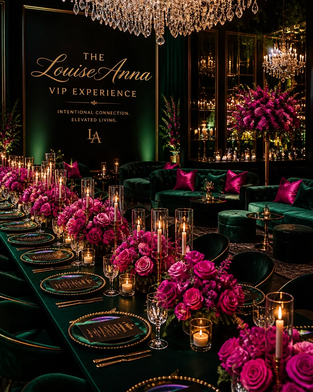 LouiseAnna VIP Experience tablescape with emerald velvet, fuchsia florals, and gold accents
