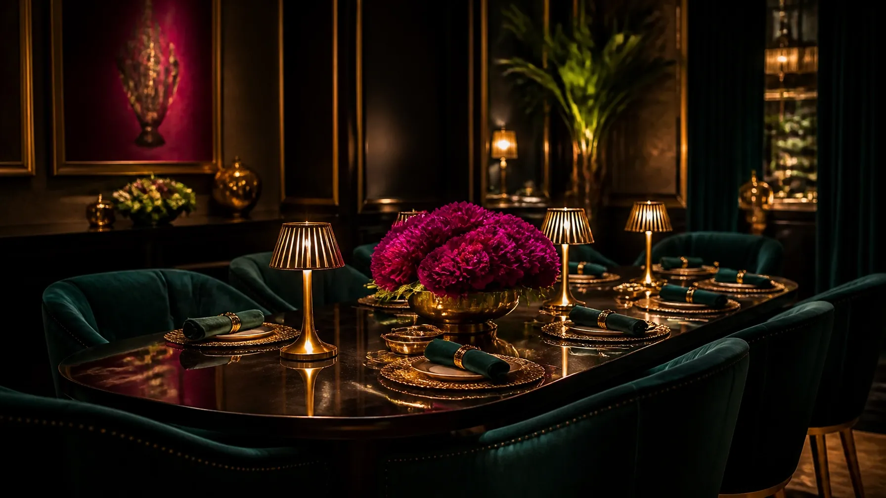 Sanctuary dining table setting illuminated by rechargeable touch lamps