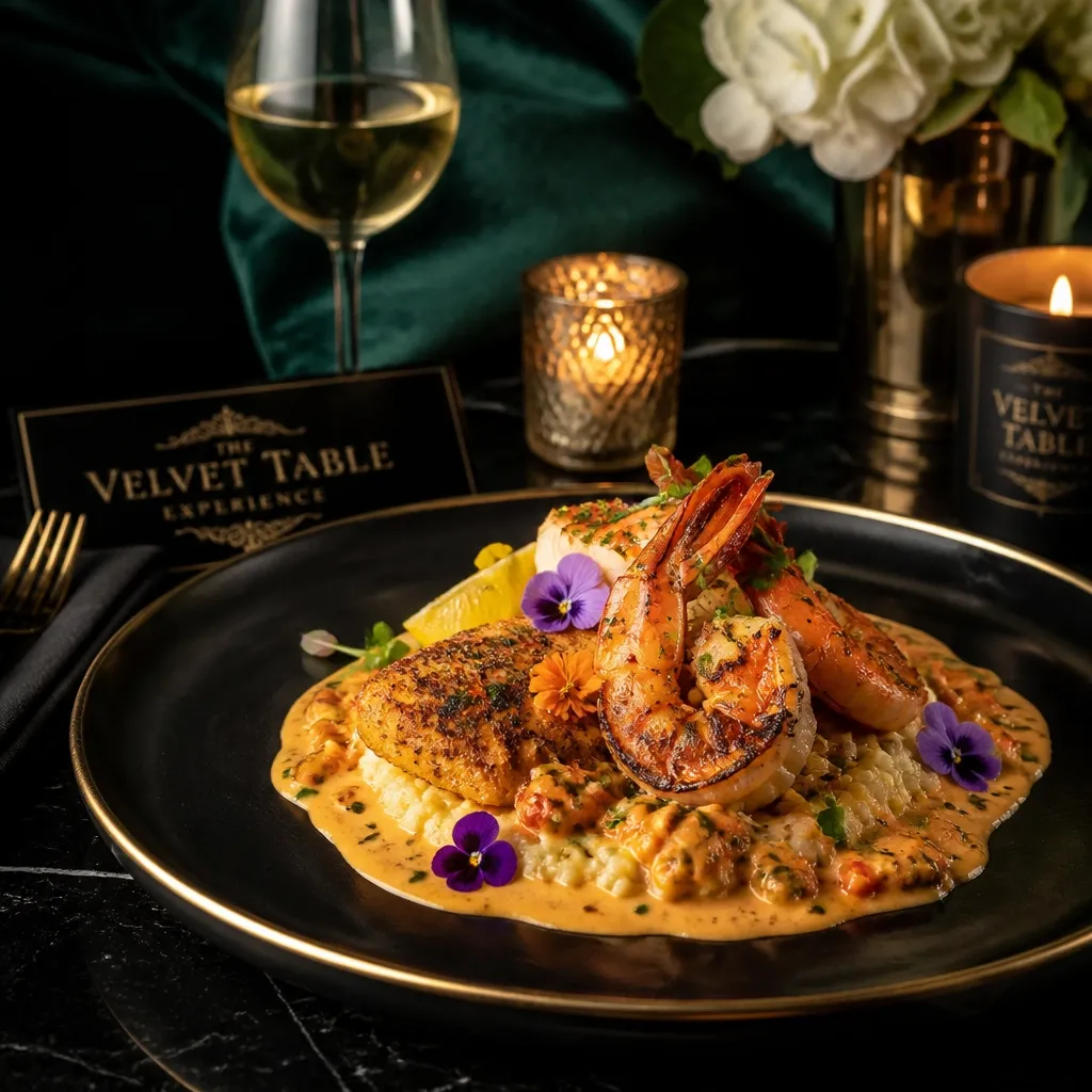 Curated culinary setting in the Velvet Vault Sanctuary