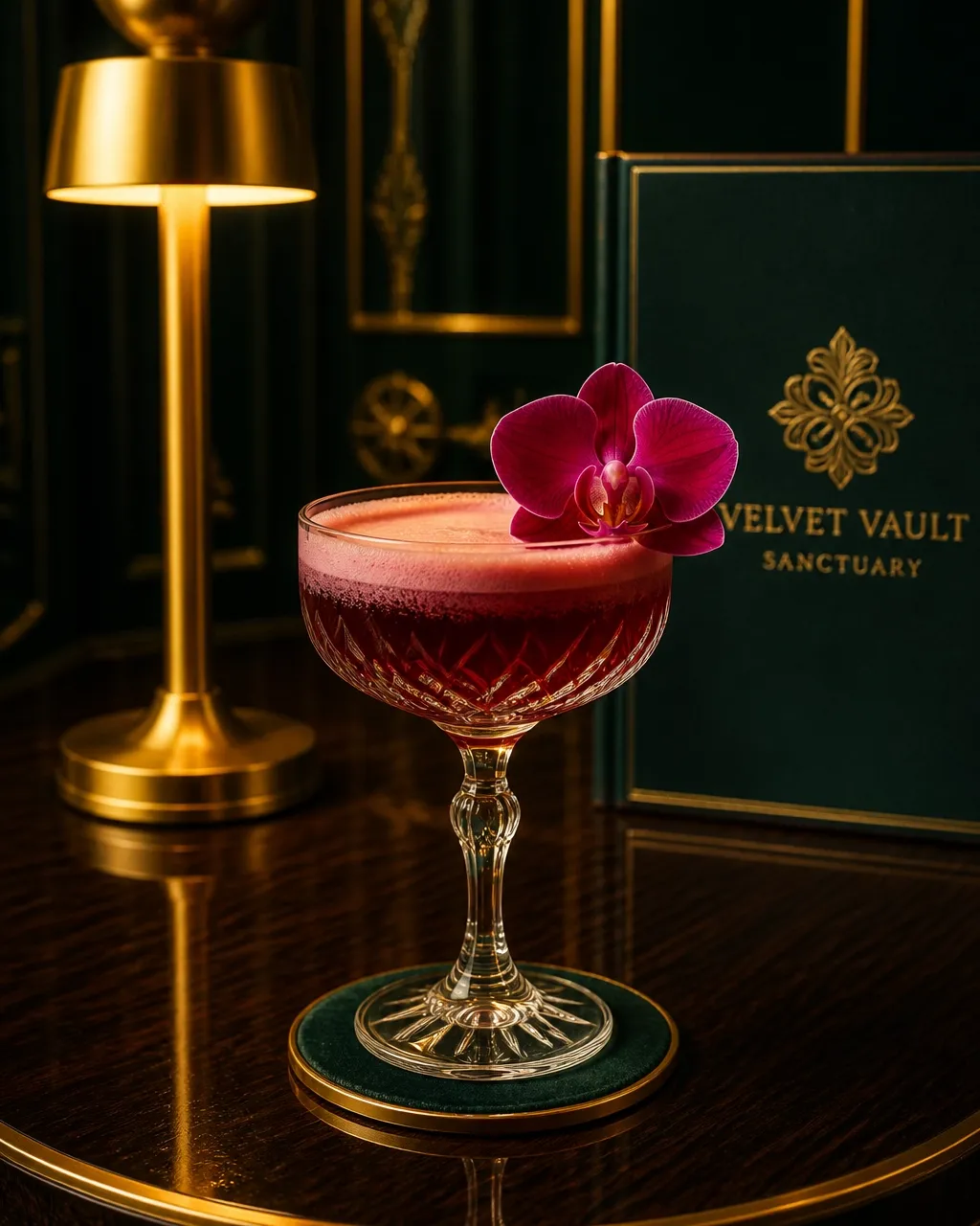 The Visionary mocktail, a jewel-toned non-alcoholic pour beside a rechargeable touch lamp